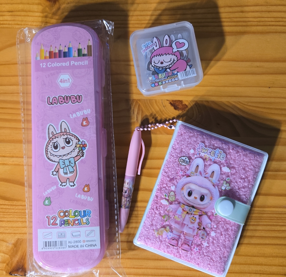 Labubu Inspired 12-Color Pencils In Case with Mini Notebook & Stickers Bundle